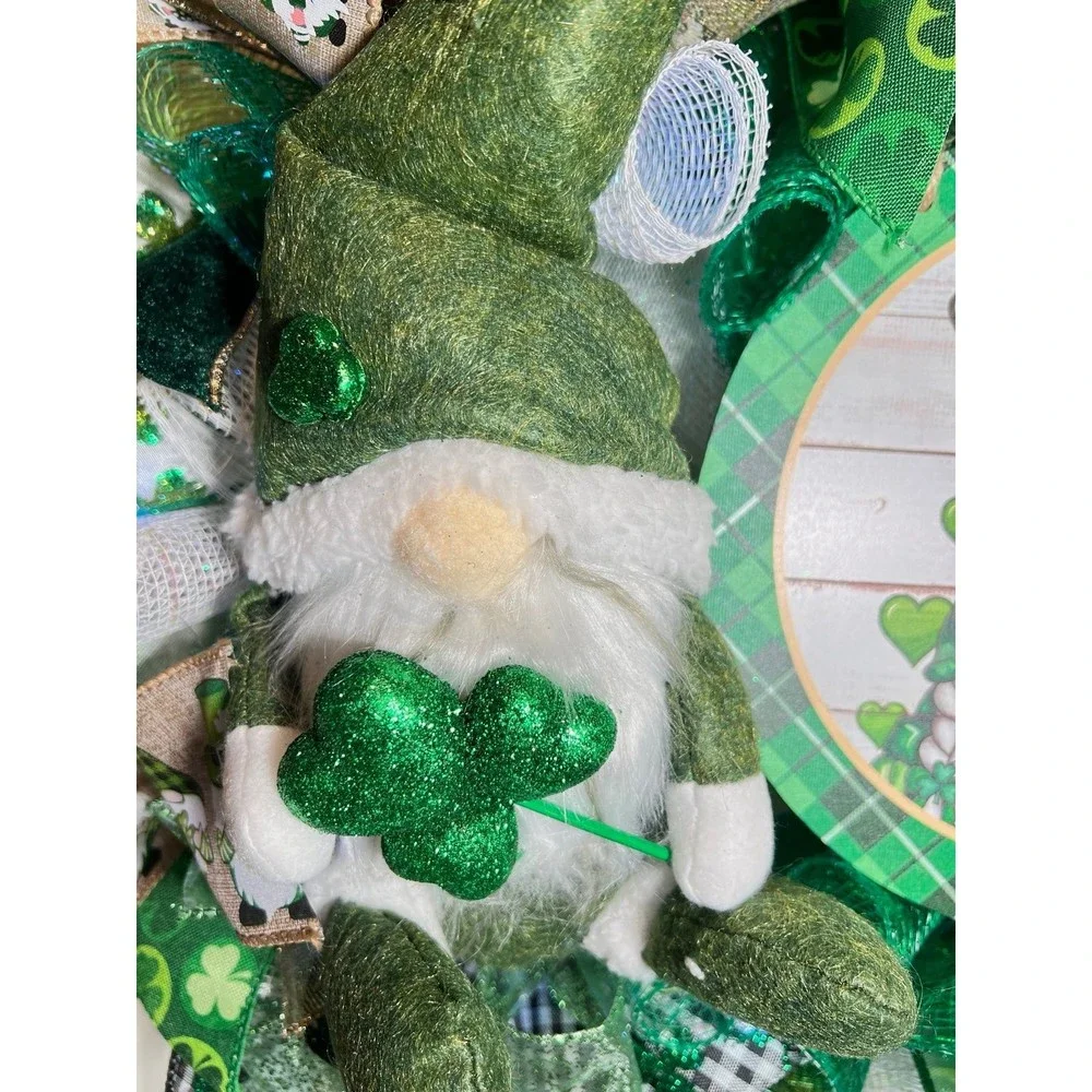 Handmade Happy St. Patrick’s Day Gnome Ribbon Prelit Wreath 22 ins LED W13